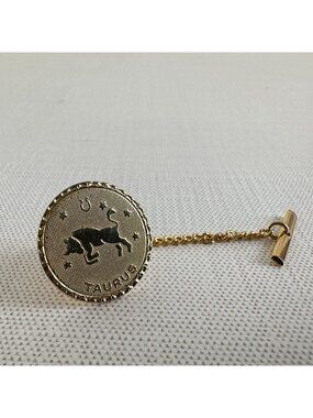 Vintage Taurus Zodiac Tie Tack Pin Gold Tone Astrology Mens Accessory